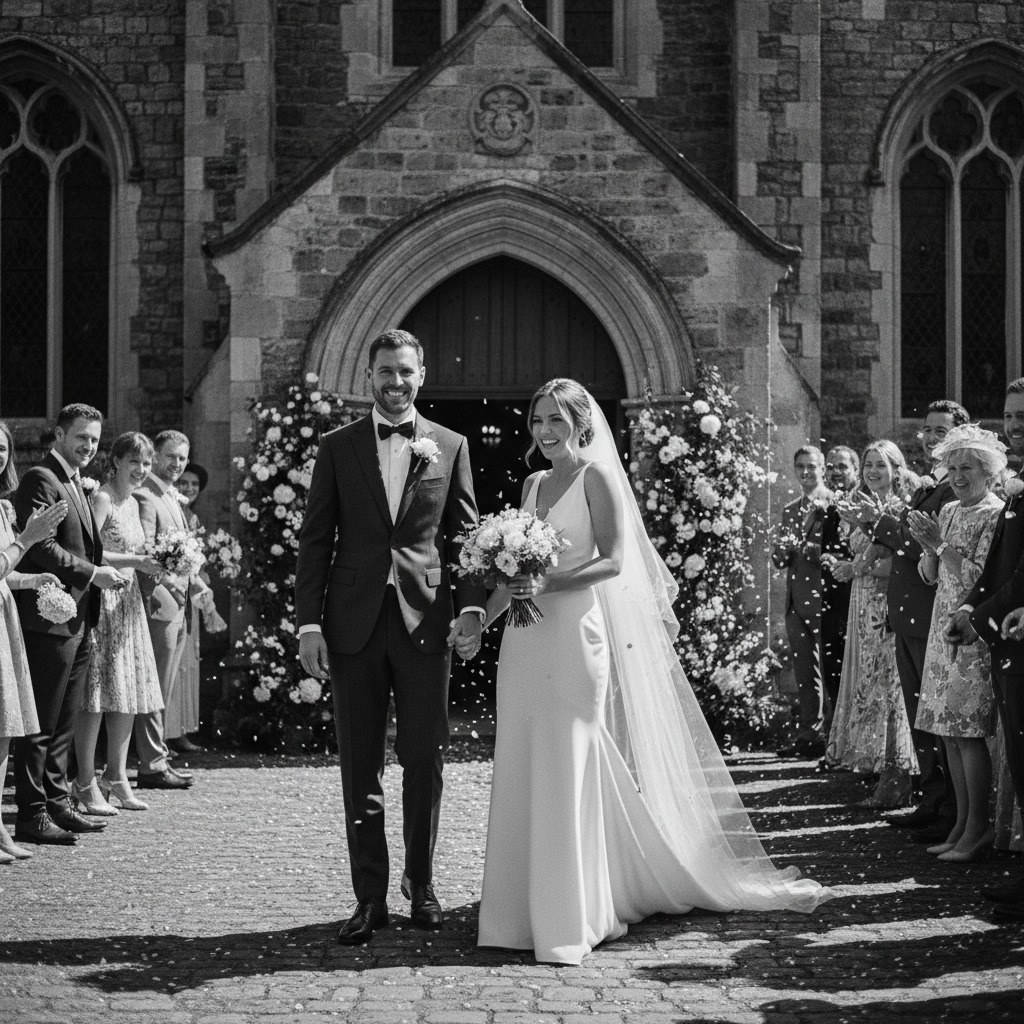 Novios saliendo de una iglesi fotografia en blanco y negro
